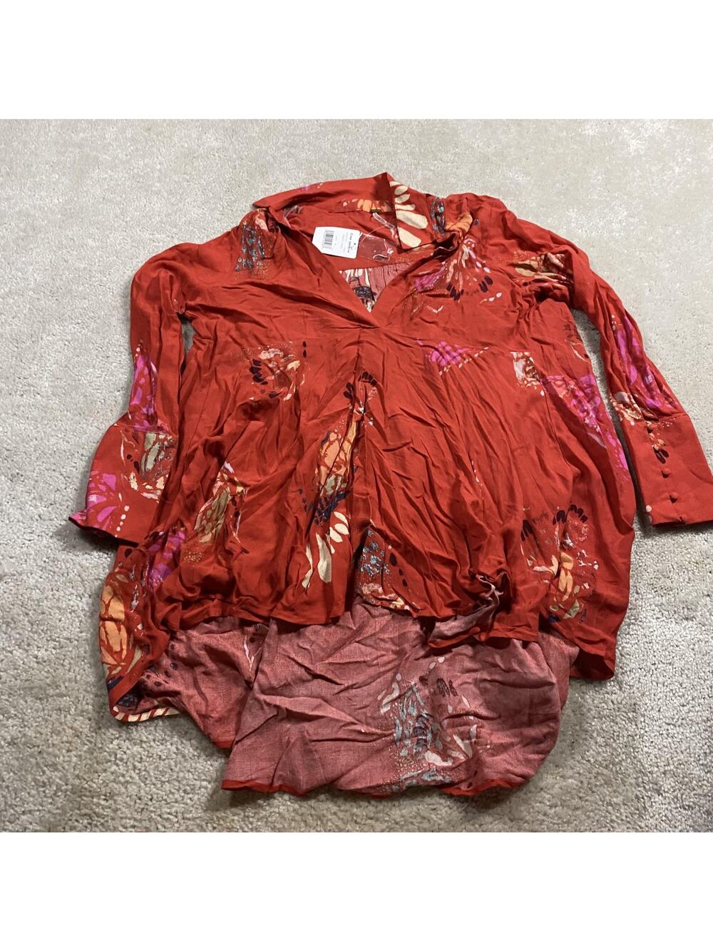 Free People Shirt Dress Womens M Red Floral Hi Low Collared Boho Flowy Summer